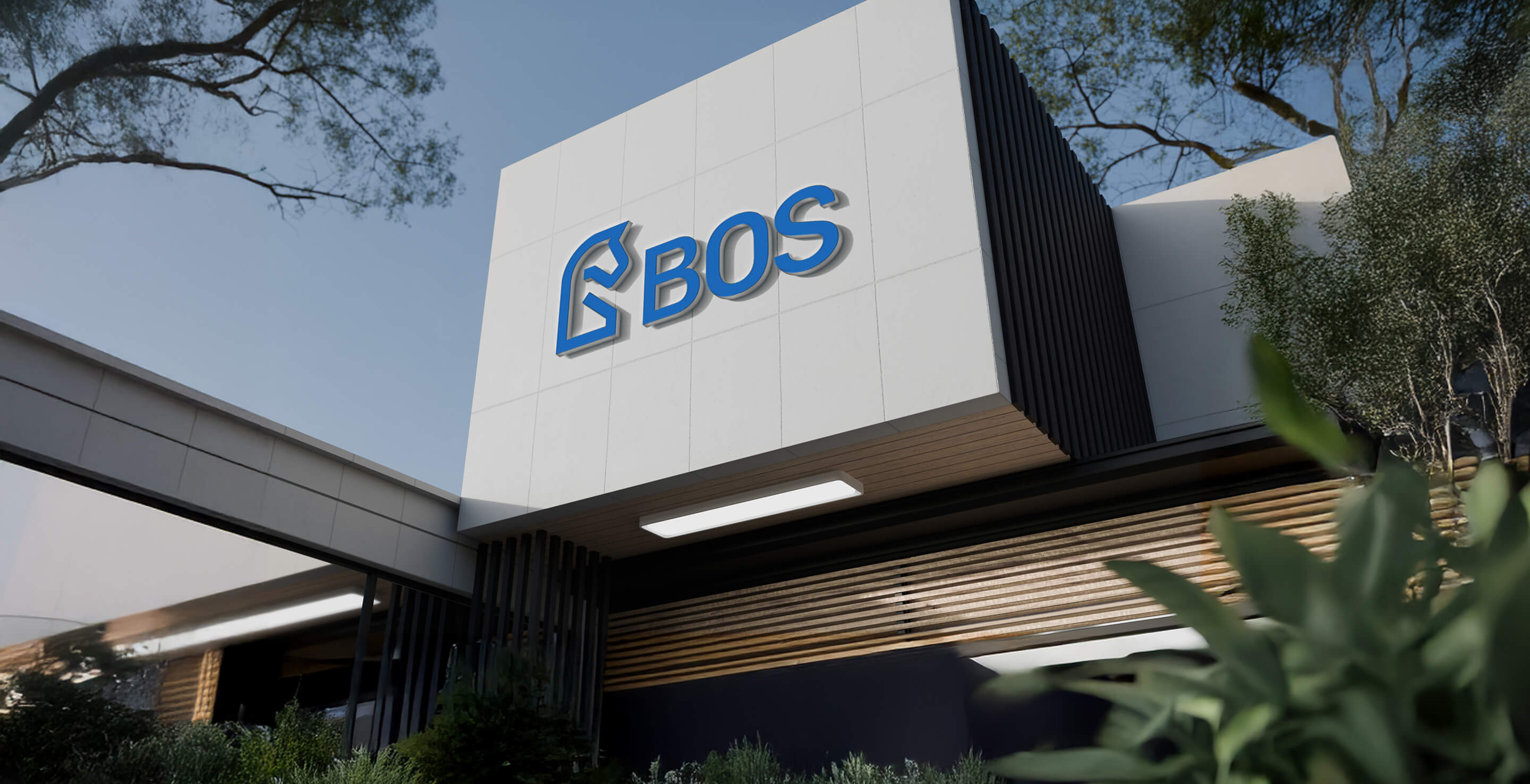BOS Logo am Unternehmensgebäude – Projektmanagement Marke
